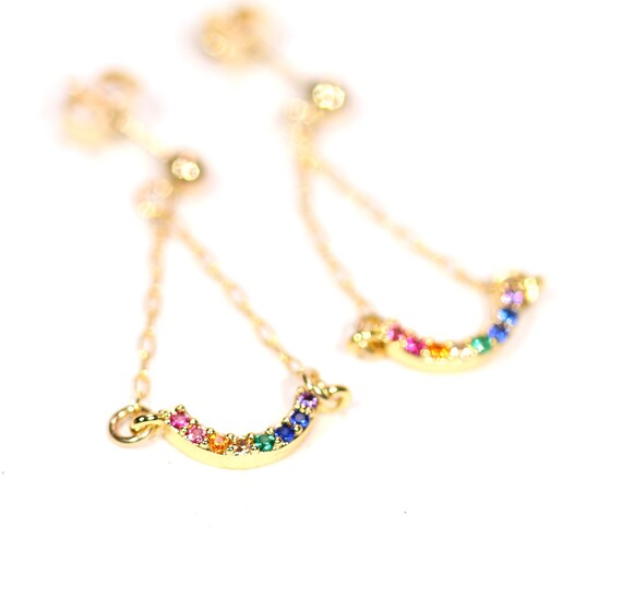 Rainbow earrings - dangle chakra earrings - LGBTQ earrings - cute gold earrings - happy earrings