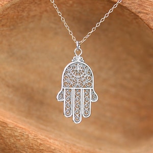 Hamsa necklace - silver hamsa charm - hand of god - amulet necklace - a filigree style sterling silver hamsa on a sterling silver chain