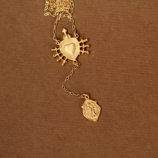 聖心ネックレス - ゴールドロザリオネックレス - 聖母マリア - 宗教的 - ロザリオ - 本物の主婦 - 14K ゴールドヴェルメイユチェーン