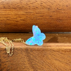 Blue butterfly necklace, opal butterfly pendant, monarch butterfly jewelry, cute gift, fairytale necklace, 14k gold filled necklace
