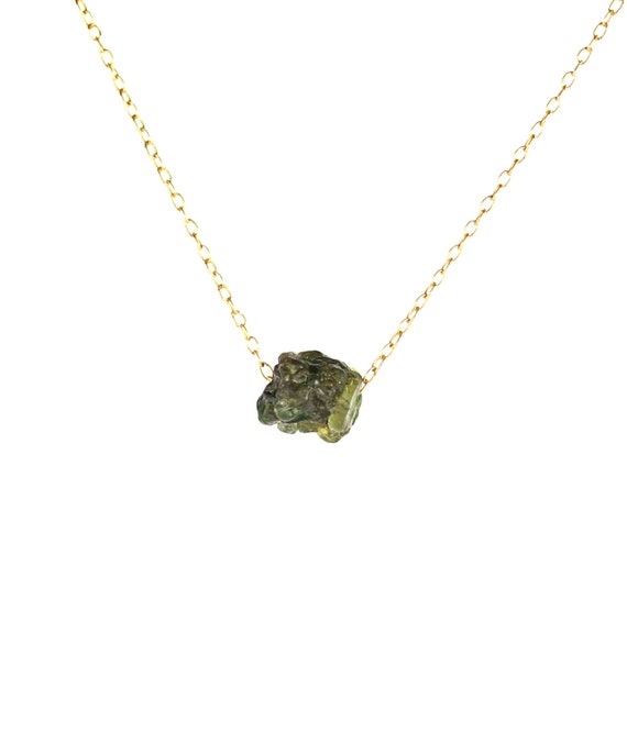 Green garnet necklace - raw crystal necklace - january birthstone - chakra necklace - a raw garnet nugget on a 14k gold filled chain