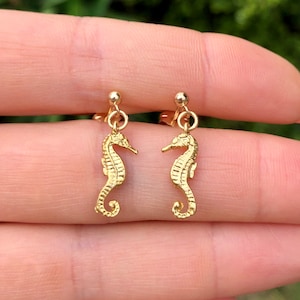 Seahorse earrings, cute stud earrings, gold sea horse jewelry, kawaii, marine life, summer vibes, beach jewelry, gift for her