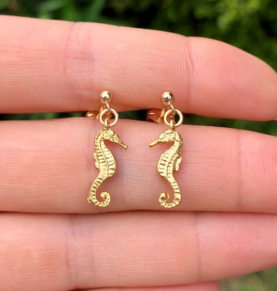 Seahorse earrings, cute stud earrings, gold sea horse jewelry, kawaii, marine life, summer vibes, beach jewelry, gift for her