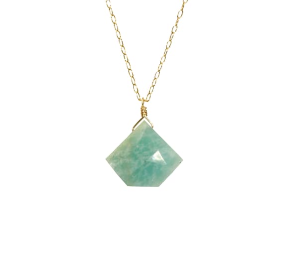 Amazonite necklace, diamond cut crystal necklace, triangle necklace, healing crystal jewelry, geometric necklace, 14k gold filled chain