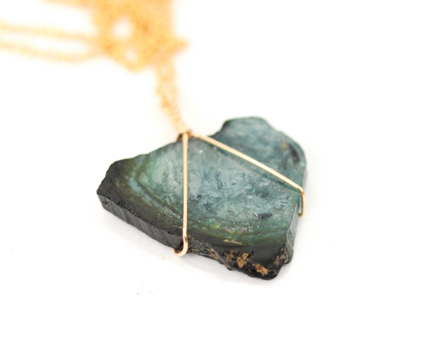 Green tourmaline slice necklace - raw tourmaline necklace - healing ...