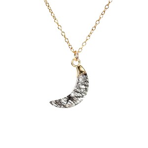Moon necklace, crescent moon necklace, tourmaline necklace, quartz necklace, rutilated quartz moon, gold moon necklace, half moon