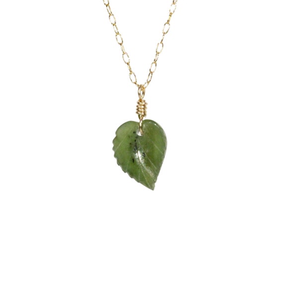 Leaf necklace, green leaf pendant, jade leaf necklace, nature lover, a carved jade leaf on a 14k gold filled chain