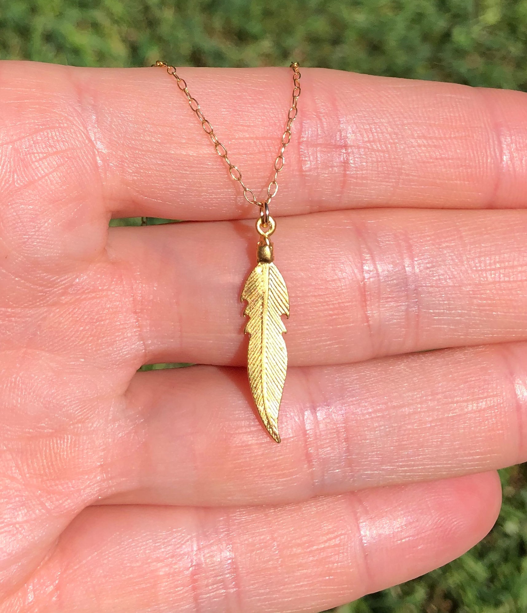 Dainty feather necklace, gold feather pendant, boho necklace, tribal ...