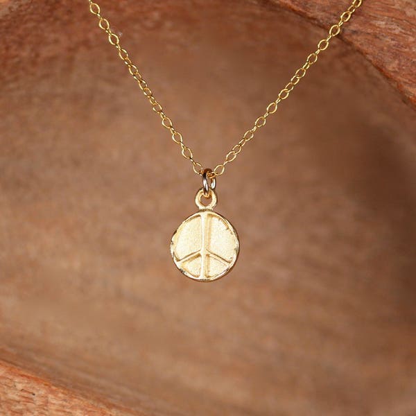 Gold peace sign necklace - circle necklace - stamped disc necklace - simple necklace