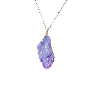 Purple Aura Quartz Necklace - Energy Crystal Druzy Pendant, 14k Gold Filled Chain