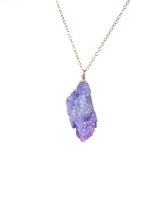 Purple aura quartz necklace - aura quartz crystal - purple crystal necklace - druzy - aura crystal wire wrapped onto 14k gold filled chain