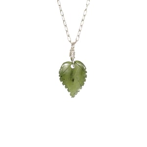 Green leaf necklace, jade leaf pendant, green stone necklace, crystal leaf, nature lover, a hand carved leaf on a sterling silver chain