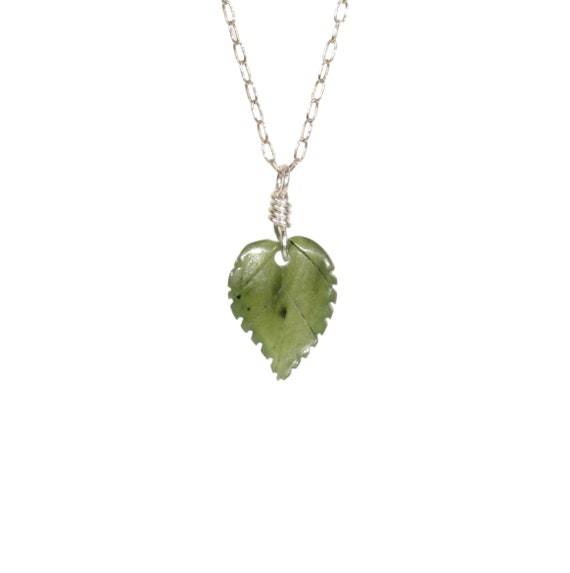 Green leaf necklace, jade leaf pendant, green stone necklace, crystal leaf, nature lover, a hand carved leaf on a sterling silver chain