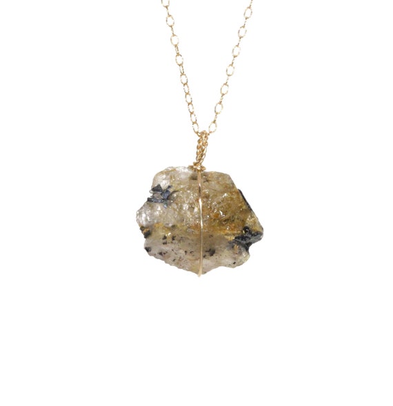 Gold rutilated quartz necklace, raw quartz crystal pendant, unique healing crystal chakra necklace, dainty 14k gold filled chain