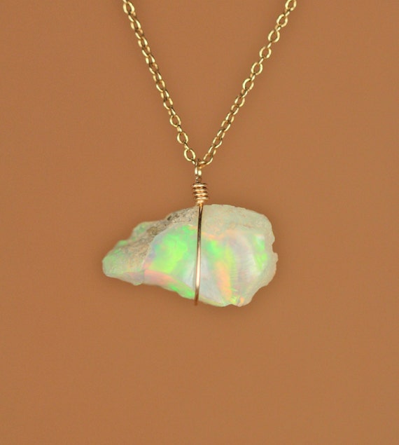 Ethiopian opal necklace - raw opal pendant - genuine opal - natural opal - a raw genuine opal wire wrapped onto a 14k gold filled chain