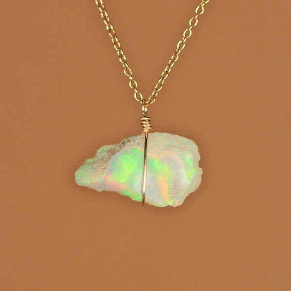 Ethiopian opal necklace - raw opal pendant - genuine opal - natural opal - a raw genuine opal wire wrapped onto a 14k gold filled chain