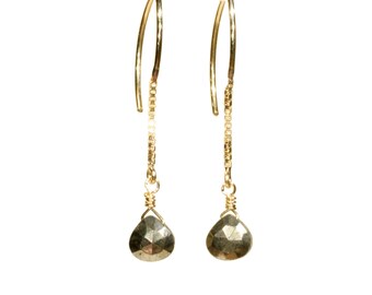 Pyrite earrings, gold dangle earrings, half hoop gemstone earrings, fools gold wire earrings, half hoop long earrings, 14k gold filled