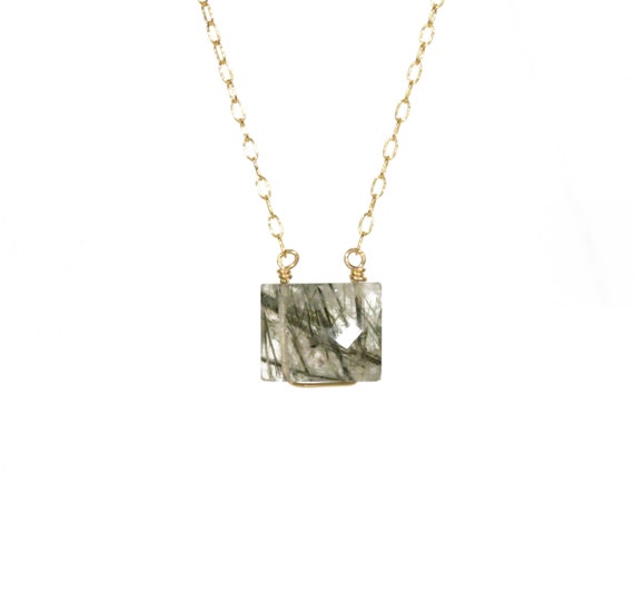 Green rutilated quartz necklace, quartz necklace, moss quartz necklace, rectangle necklace, healing crystal, 14k gold filled chain