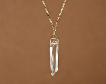 Quartz crystal necklace - crystal necklace - a long quartz wand wire wrapped onto a 14k gold filled chain or sterling silver chain - Z11