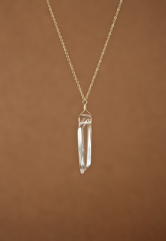 Quartz crystal necklace - crystal necklace - a long quartz wand wire wrapped onto a 14k gold filled chain or sterling silver chain - Z11
