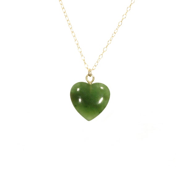 Jade heart necklace, green heart pendant, Canadian jade pendant, gift for her, natural green stone necklace, 14k gold filled chain