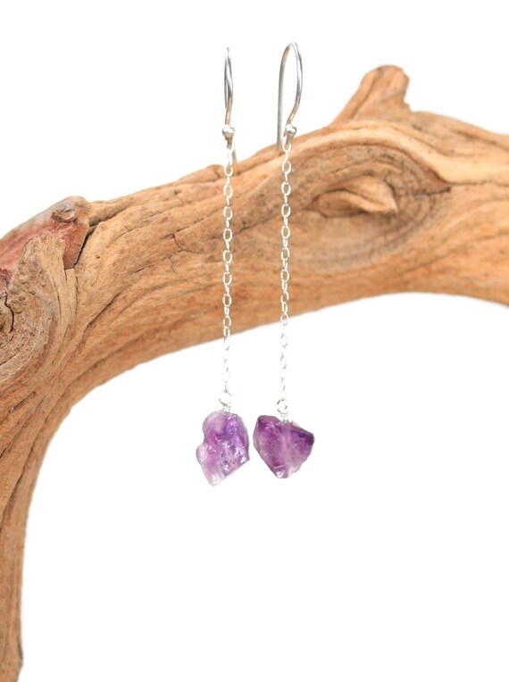 Amethyst earrings - sterling silver amethyst drop earrings - silver chain earrings - dangle earrings - dainty crystal earrings