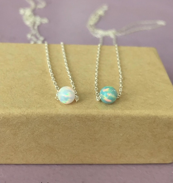 Opal Necklace: A Tiny White or Aqua Green Dot Pendant on a 14k Gold Filled or Sterling Silver chain