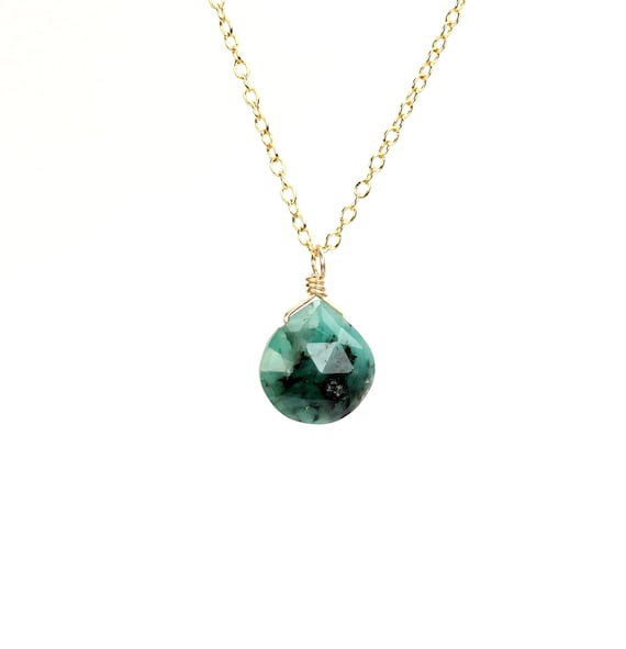 Emerald necklace - green gem necklace - solitaire necklace - floating gem necklace - teardrop necklace - African emerald necklace