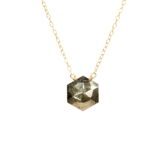 Pyrite necklace, hexagon necklace, mineral necklace, healing stone jewelry, fools gold, a faceted pyrite on a 14k gold filled chain