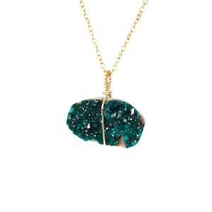 Dioptase necklace - druzy necklace - raw green crystal necklace - a wire wrapped dioptase on a 14k gold filled chain