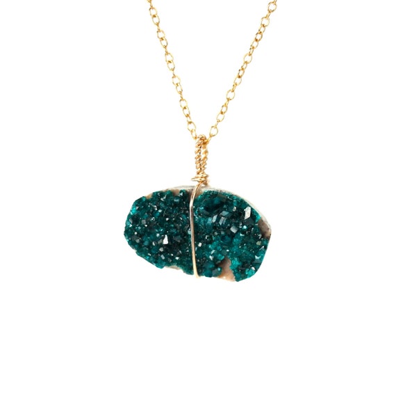 Dioptase necklace - druzy necklace - raw green crystal necklace - a wire wrapped dioptase on a 14k gold filled chain