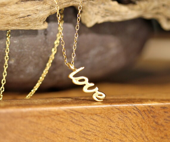 Love script necklace, cursive necklace, gift for her, dainty gold necklace, tiny layering necklace, thin gold chain, I love you note