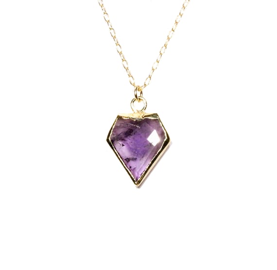 Amethyst necklace, diamond shaped pendant, purple crystal necklace, February birthstone jewelry, triangle healing stone, 14k gold filled