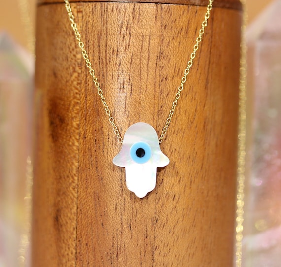 Hamsa necklace, amulet necklace, mother of pearl necklace, evil eye necklace, amulet necklace, boho necklace, hand of god