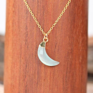 Crystal moon necklace, gold moon necklace, chalcedony necklace, crescent moon necklace, celestial necklace, 14k gold filled chain