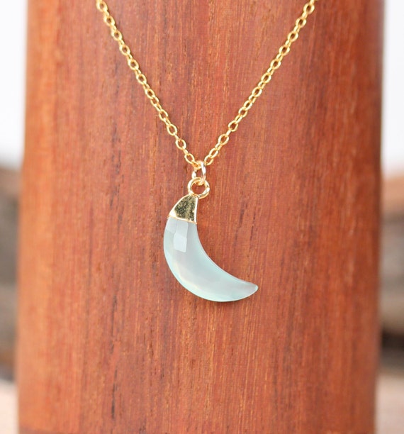 Crystal moon necklace, gold moon necklace, chalcedony necklace, crescent moon necklace, celestial necklace, 14k gold filled chain