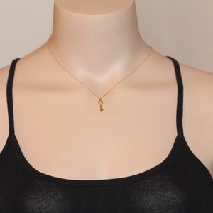 Puede incluir: Un collar con un colgante de llave de oro en una cadena de oro. La llave es un dise&ntilde;o simple con un lazo en forma de coraz&oacute;n en la parte superior.