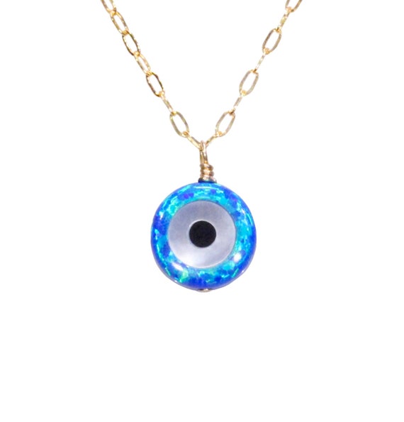 Evil eye necklace, talisman necklace, blue opal evil eye pendant, third eye, protection necklace, amulet, 14k gold filled chain