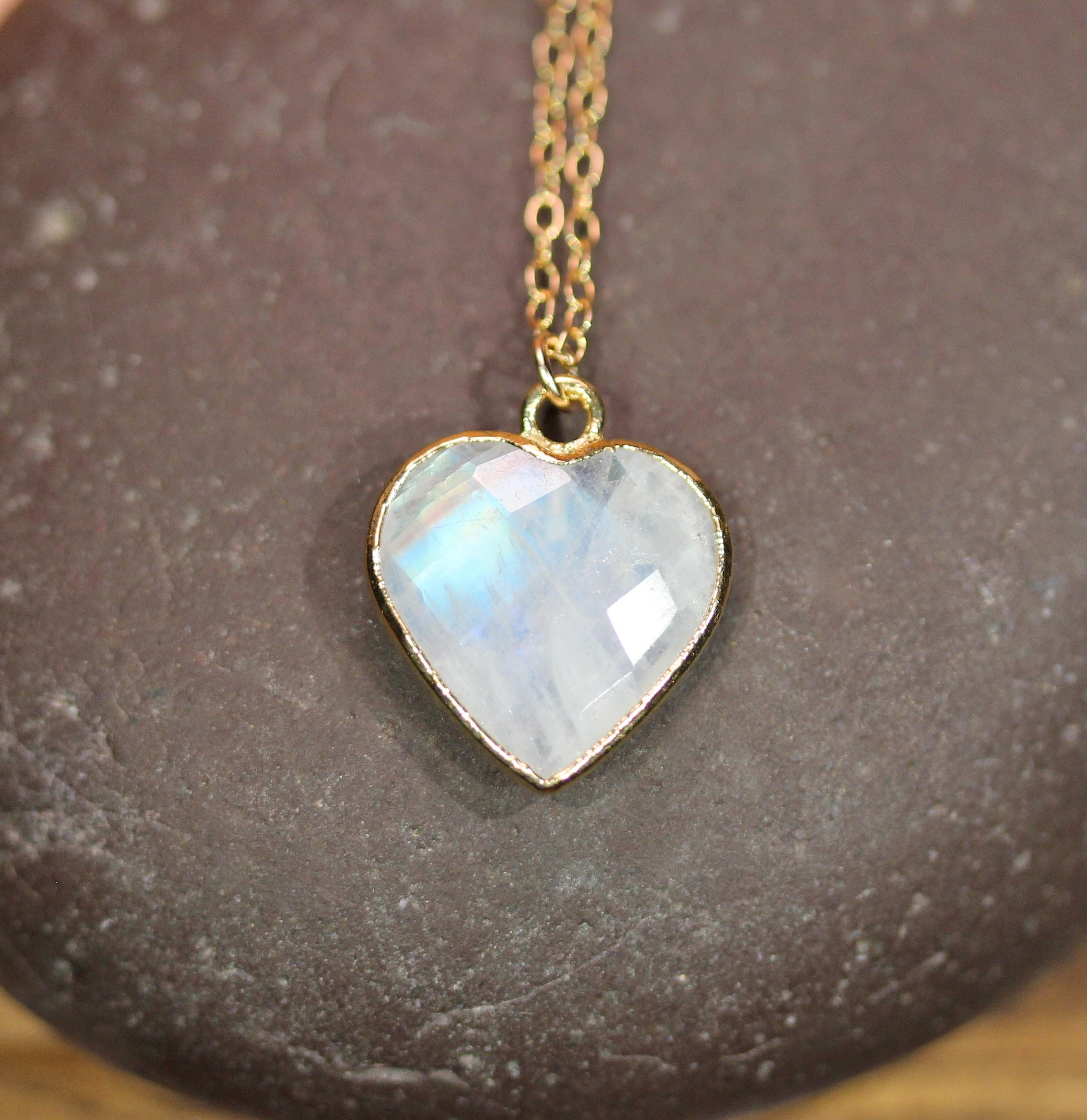 Moonstone necklace, rainbow moonstone heart pendant, gold heart