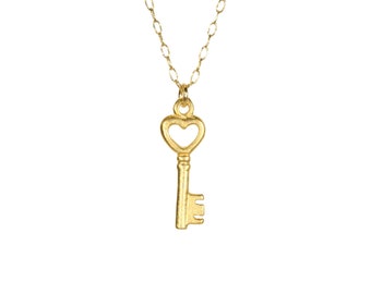 Gold key necklace, key to my heart, tiny key necklace, heart key lock, a dainty 14k gold vermeil skeleton key on a 14k gold filled chain