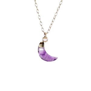 Tiny amethyst moon necklace, crystal moon pendant, February birthstone pendant, crescent moon jewelry, healing crystal necklace