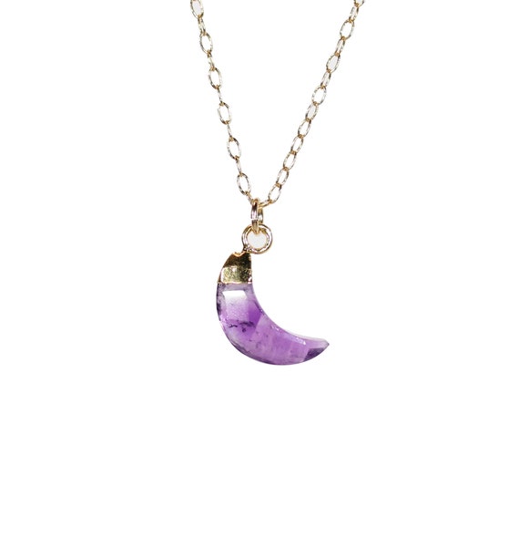 Tiny amethyst moon necklace, crystal moon pendant, February birthstone pendant, crescent moon jewelry, healing crystal necklace