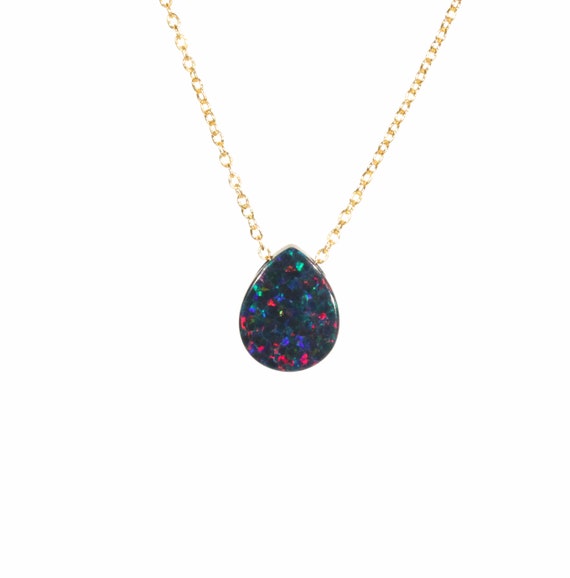 Black Opal necklace, sparkly teardrop pendant, October birthstone, fire opal jewelry, 14k gold filled chain