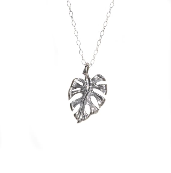 Tropical leaf necklace, sterling silver monstera leaf pendant, palm leaf jewelry, beach necklace, gift for her, nature necklace