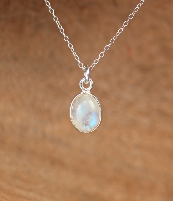 Silver moonstone necklace - june birthstone jewelry - blue flash - a silver bezel set rainbow moonstone on a sterling silver chain