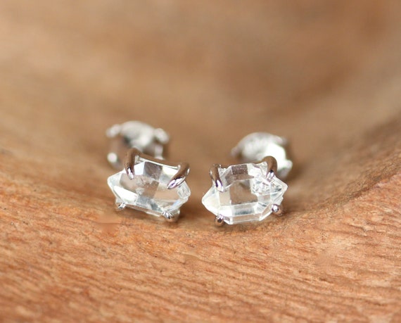 Herkimer diamond earrings - silver prong set earrings - raw quartz earrings - quartz stud earrings - double terminated quartz earrings