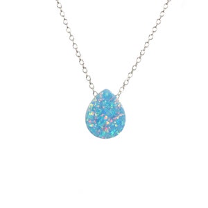 Aqua Blue Opal Teardrop Necklace, fire opal drop pendant, sparkly gem necklace, dainty sterling silver chain