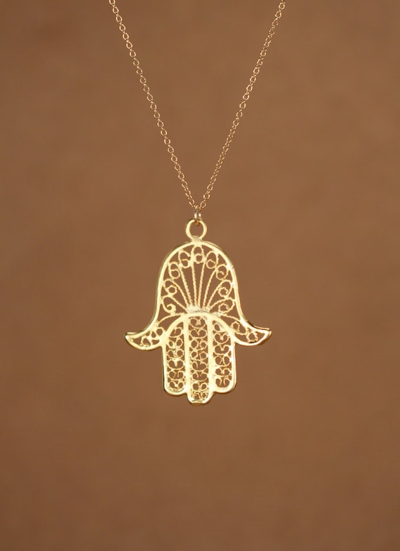 Hamsa necklace - gold hamsa charm - khamsa necklace - amulet - a filigree style gold vermeil hamsa on a 14k gold vermeil chain