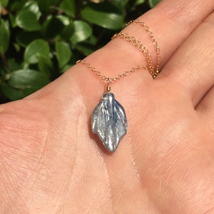 Blue Kyanite Leaf Necklace: 14k Gold Filled Chain, Handmade Crystal Pendant