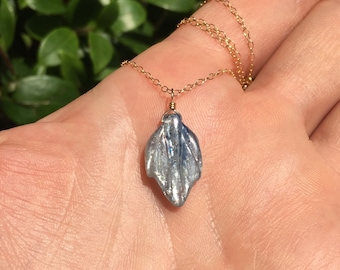 Blue Kyanite Leaf Necklace: 14k Gold Filled Chain, Handmade Crystal Pendant